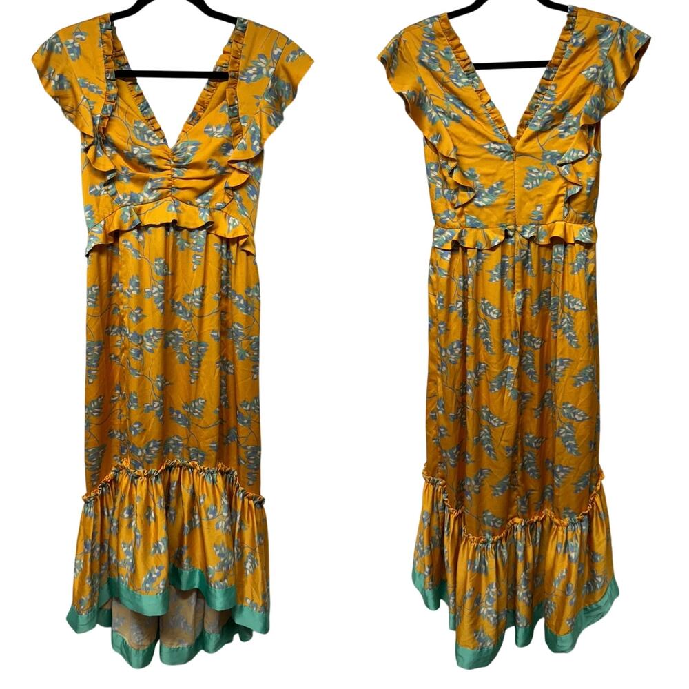 Three Floor Leomana Dress Gold Yellow High Low Midi Ruffled Satin Floral Size 6